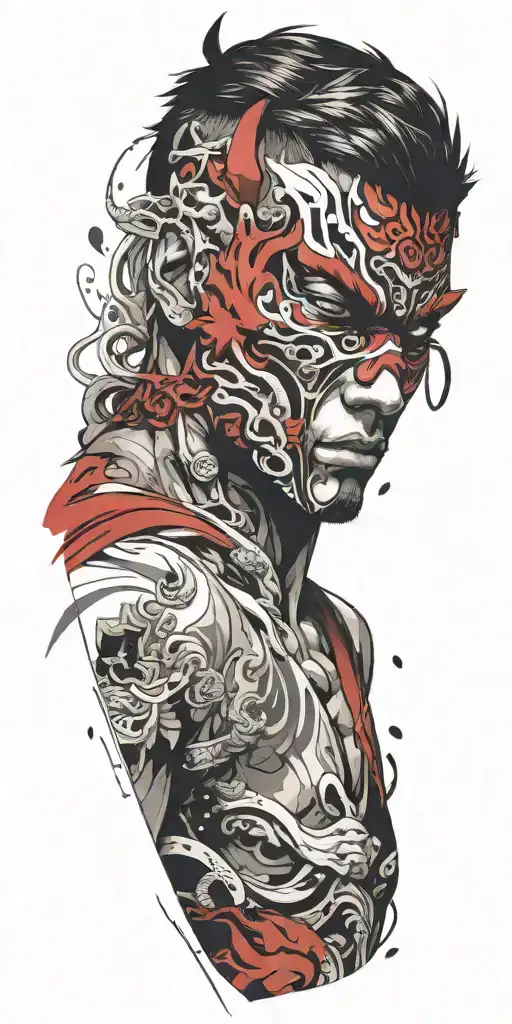 Male Anime Character Wearing Oni Mask Fighting Off Inner Demons
