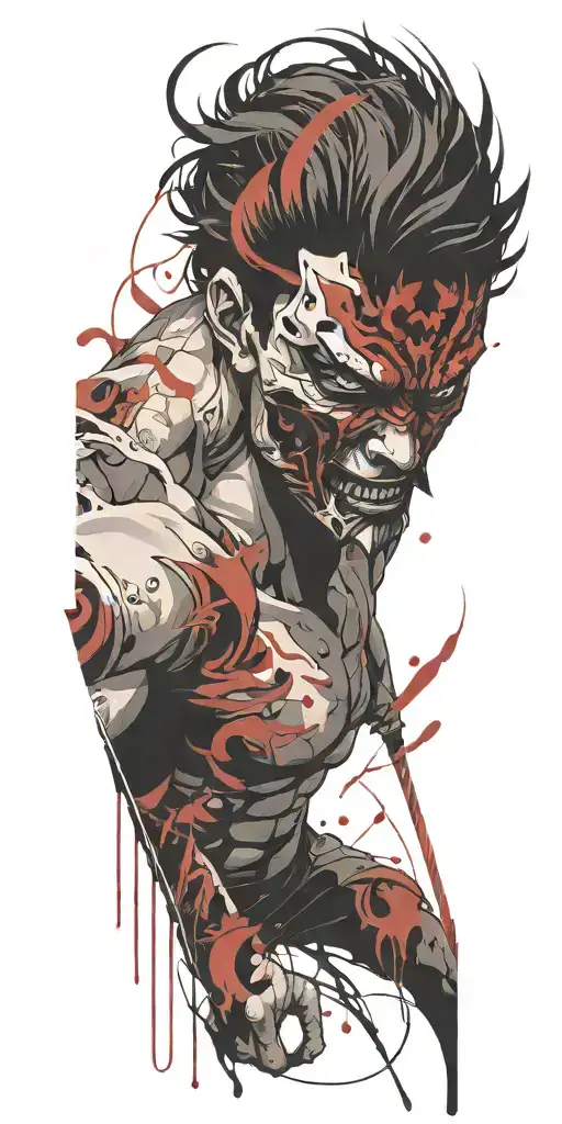 Male Anime Character Wearing Oni Mask Fighting Off Inner Demons