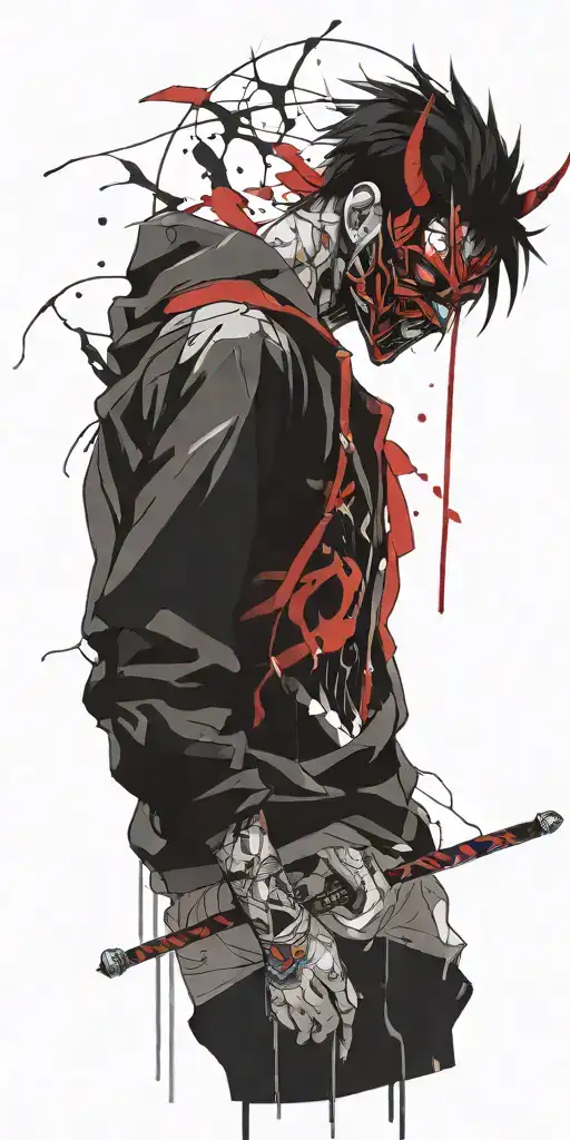 Male Anime Character Wearing Oni Mask Fighting Off Inner Demons