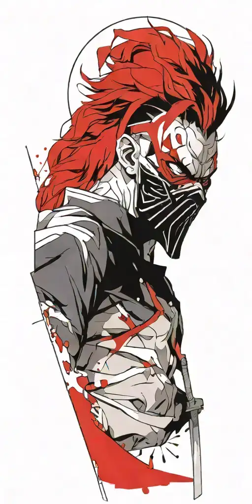 Male Anime Character Wearing Oni Mask Fighting Off Inner Demons With A Sword