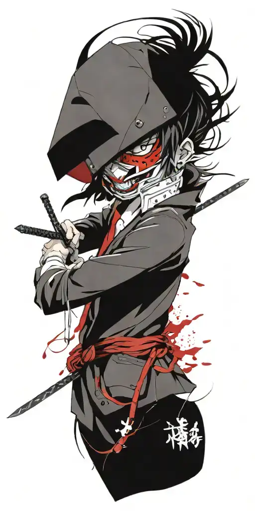 Male Anime Character Wearing Oni Mask Fighting Off Inner Demons With A Sword