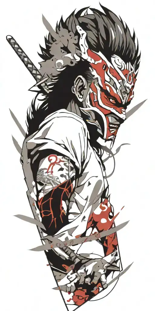 Male Anime Character Wearing Oni Mask Holding Swords Fighting Off Inner Demons