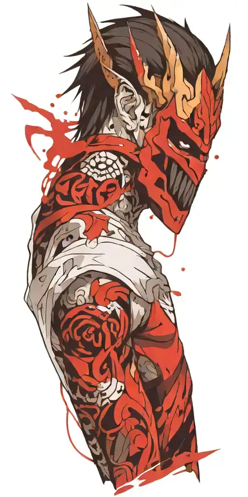 Male Anime Character Wearing Oni Mask Holding Swords Fighting Off Inner Demons
