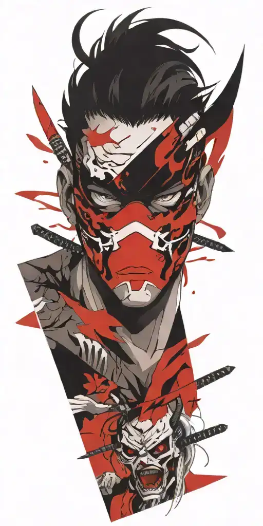 Male Anime Character Wearing Oni Mask Holding Swords Fighting Off Inner Demons