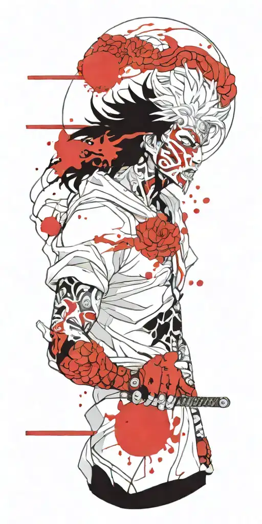 Male Anime Character Wearing Oni Mask Holding Swords Fighting Off Inner Demons