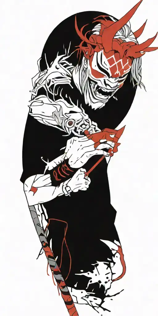 Male Anime Character Wearing Oni Mask Holding Swords Fighting Off Inner Demons