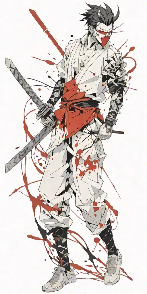 Male Anime Character Wearing Oni Mask Holding Swords Fighting Off Inner Demons