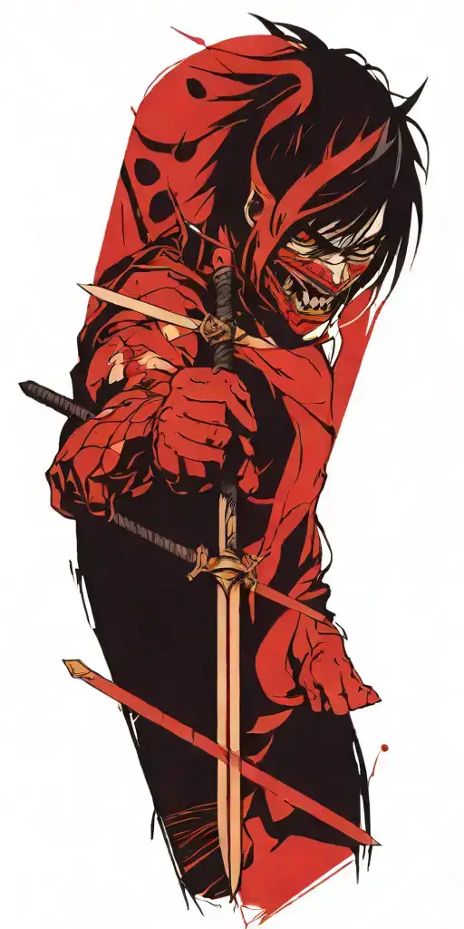 Male Anime Character Wearing Oni Mask Holding Swords Fighting Off Inner Demons