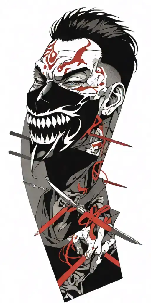 Male Anime Character Wearing Oni Mask Holding Swords Fighting Off Inner Demons