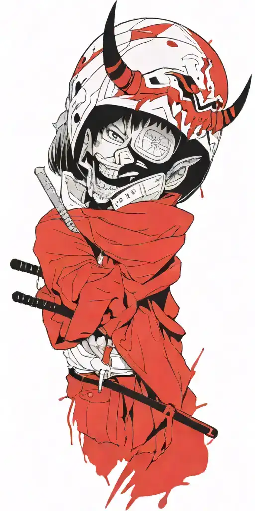 Male Anime Character Wearing Oni Mask Holding Swords Fighting Off Inner Demons