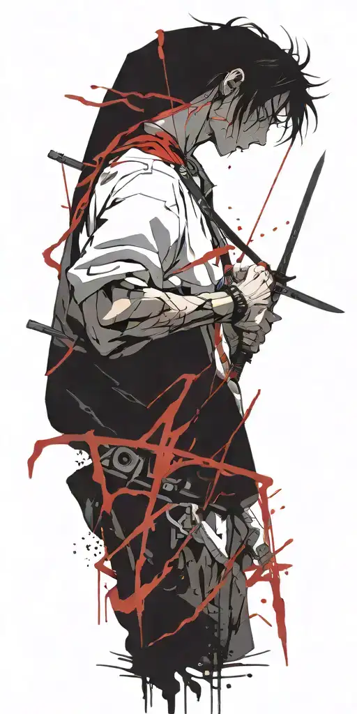 Male Anime Character Holding Swords Fighting Off Inner Demons