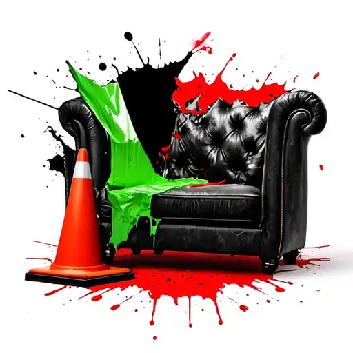 A Couch And Green Traffic Cone With A Piece Bitten Out Of It