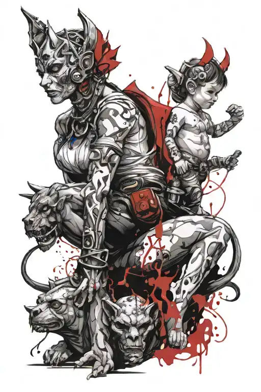 Female Gargoyle Warrior With Her Toddler