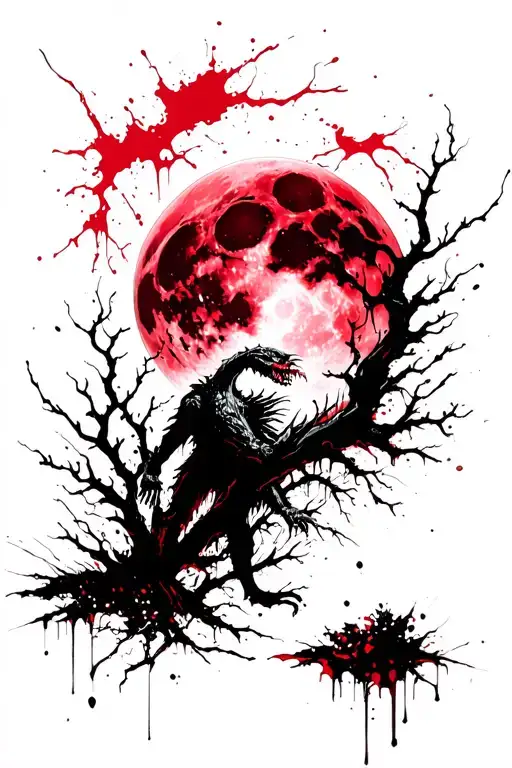 Dark Forest With A Red Moon And A Monster In Front Of The Moon