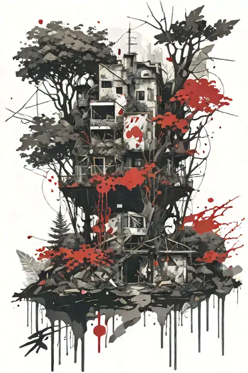 A Forest Landscape With A Building In The Middle