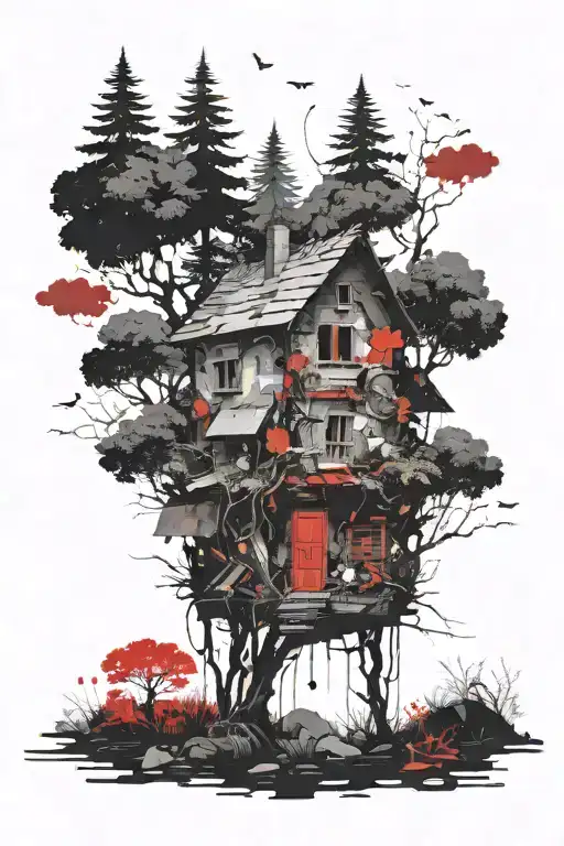 A Forest Landscape With A Small House Ij The Middle That Has Plants Growing Through It