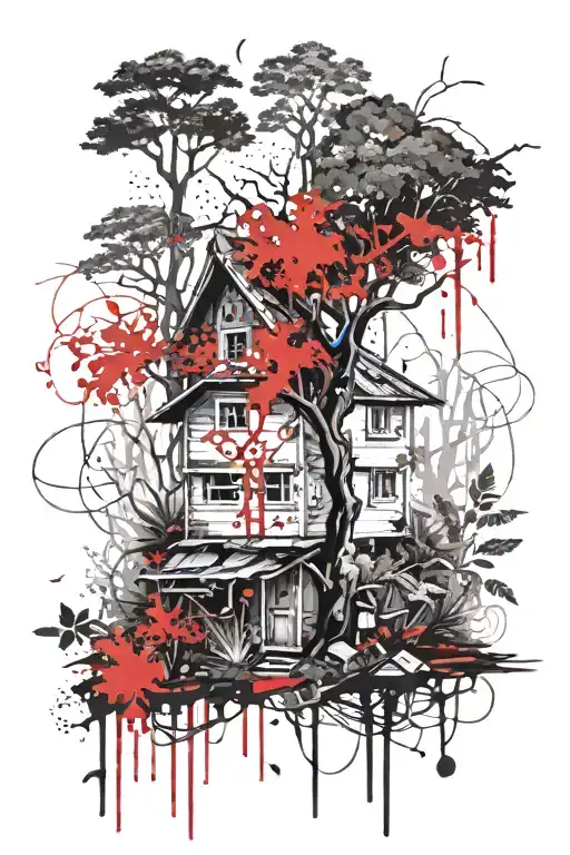 A Forest Landscape With A Small One Story House In The Middle With Plants Growing Out Of It