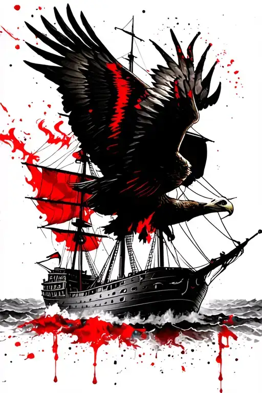 Flying Eagle Over An Old Pirate Ship On Fire