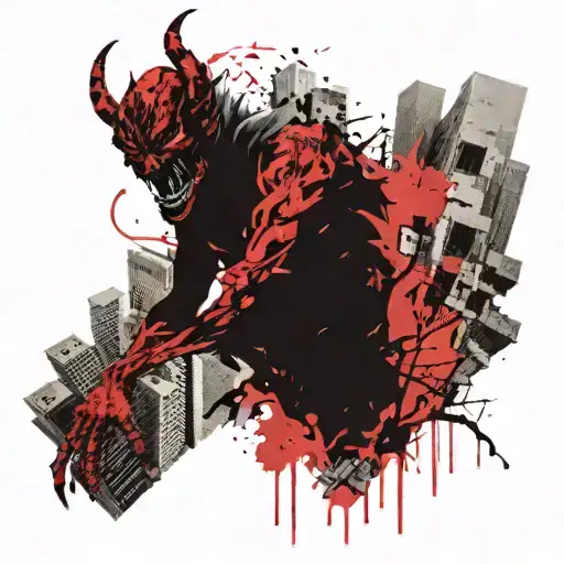 A Demon Emerging From Between Two Collapsing Skyscrapers That Were Hit By A Boeing 767