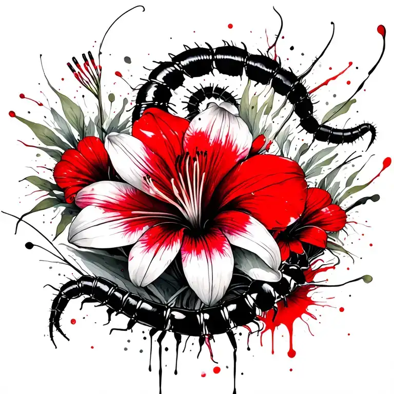 Long Centipede And Spider Lily Flowers Intertwined