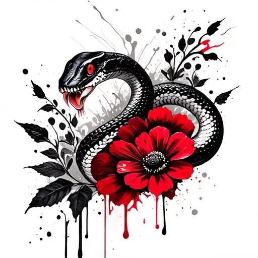 Snake Black And White With Flowers