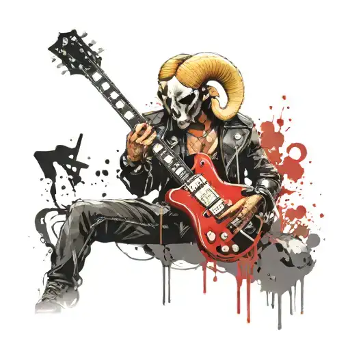 Rock Guitarist In Leather Jacket With Ram's Head With Les Paul Guitar And Chain