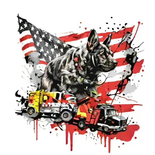 Dog Paw And American Flag And Firefighters Rescuing