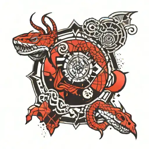 Biblical Patch Work Sleeve Tattoo With Geometric Background Design With Red Snake Going Through It