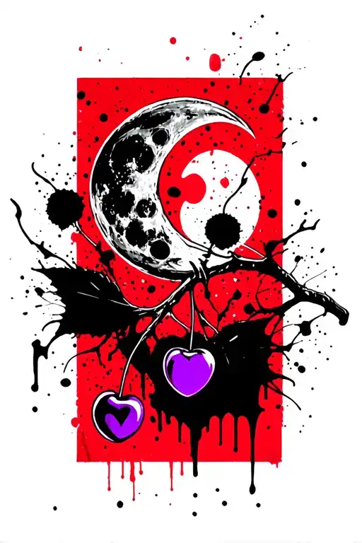 A Cherry Stem With A Moon And A Purple Heart Hanging From It