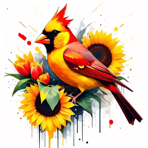 Yellow Cardinal With Sunflowers Tulips Geometric