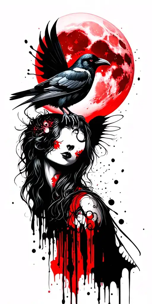 Fairy Demon Succubus Face Hidden Red Moon Crow Perched