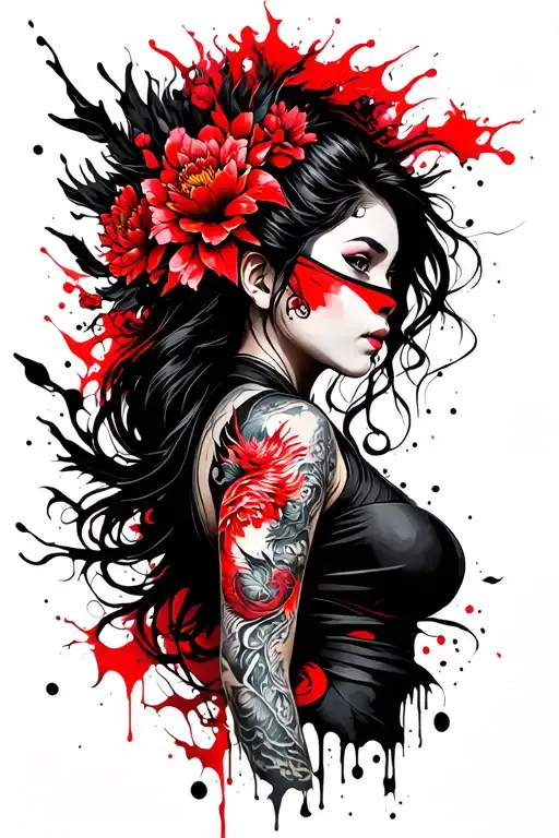 Side View Of Ninja Women With Dragon And Flowers