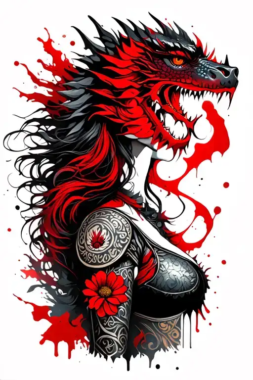 Side View Of Viking Women With Dragon And Flowers Symbolizing