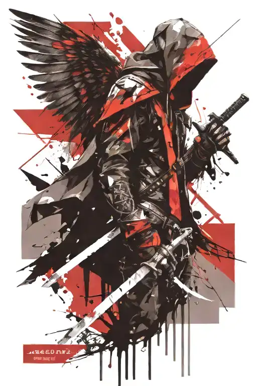 Assassin With Wings Holding Sword In Front Of Him Geometric Style