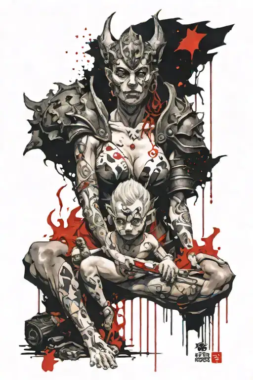 Female Gargoyle Warrior With Her Toddler