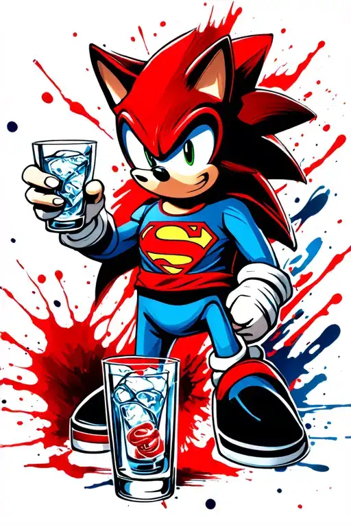 Sonic The Hedgehog With A Superman Shirt Holding A Gin And Tonic In A Rocks Glass In Hand