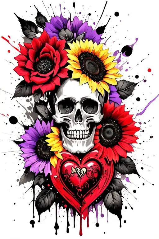 Skull Roses Purple Heart Sunflowers Steampunk