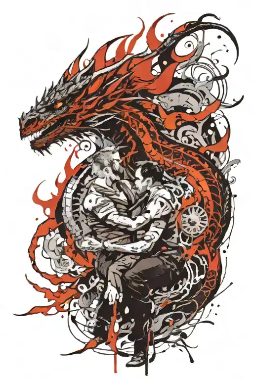 Father Protecting Son From Dragon Breathing Fire