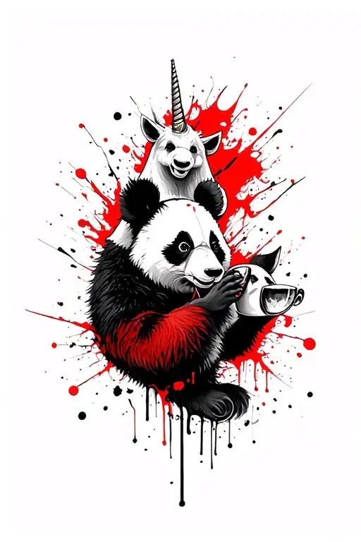 One Panda Drinking With A Fox And A Unicorn They Are Listening Metal Music