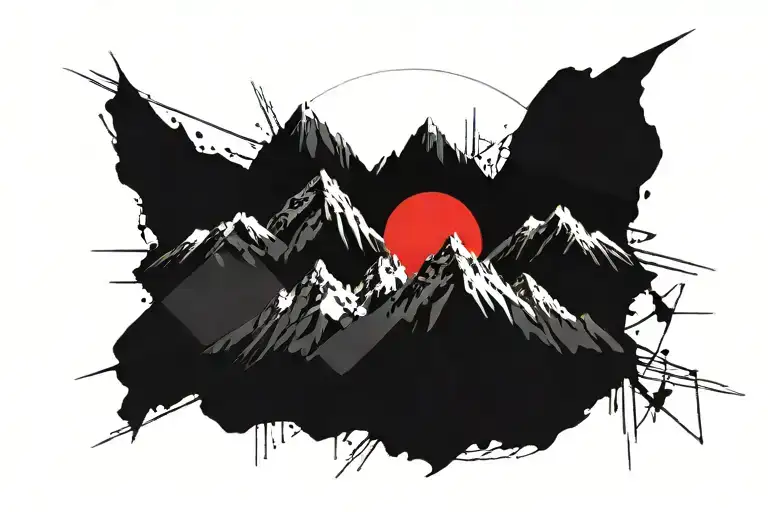 Six Mountain Tops With Sun In The Background