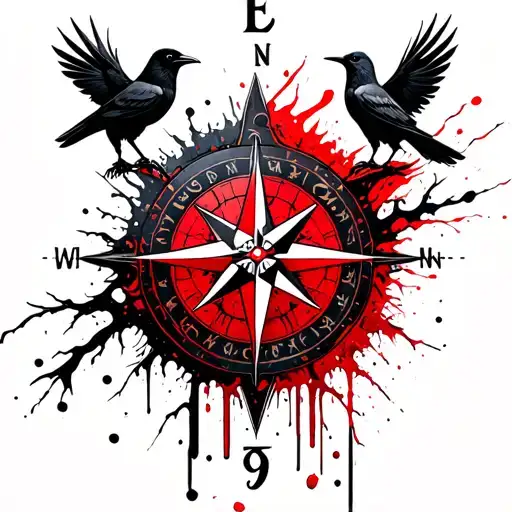 Nordic Compass With Nordic Tree Of Life With Odin's Crows