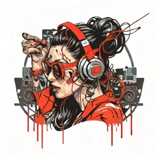 Cyberpunk Woman Tattoos Headphones Rave Music Cables Sexy Sunglasses