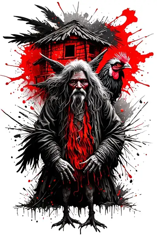 Baba Yaga Against The Background Of A Hut On Chicken Legs