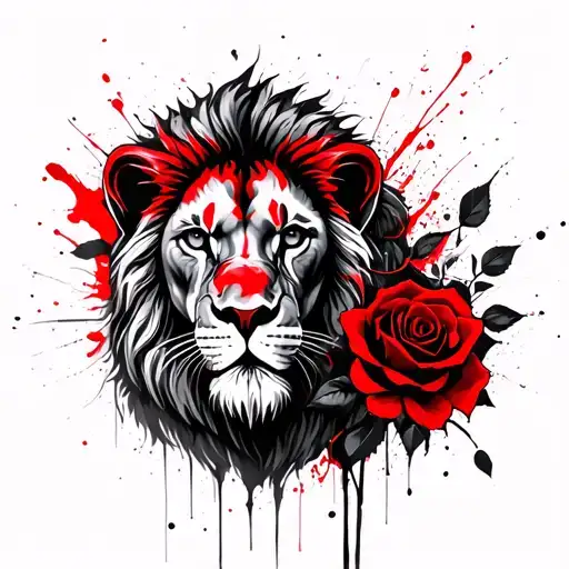 Lion Head With Red Rose Intertwined