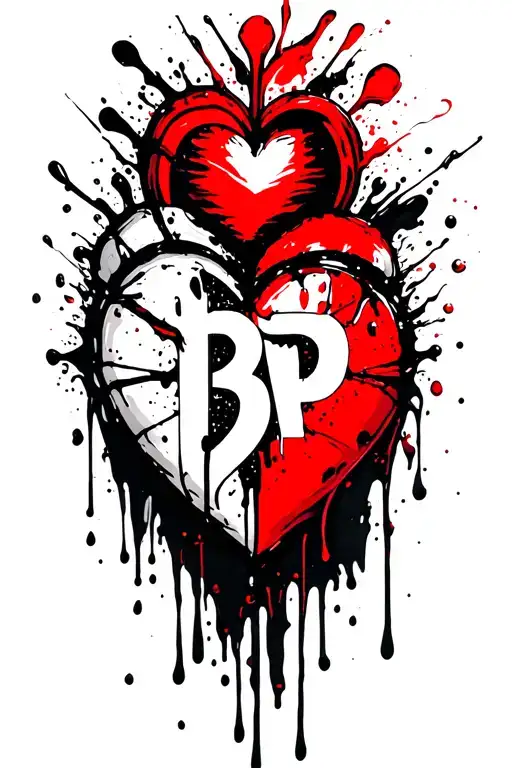 Tattoo Of The Letters Bp Forming A Heart But That Is Dripping Paint The Heart