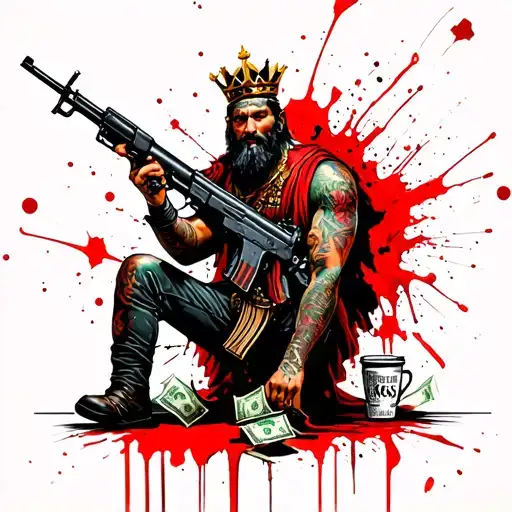 King Caesar With Money And Ak-74 And Cup Sits
