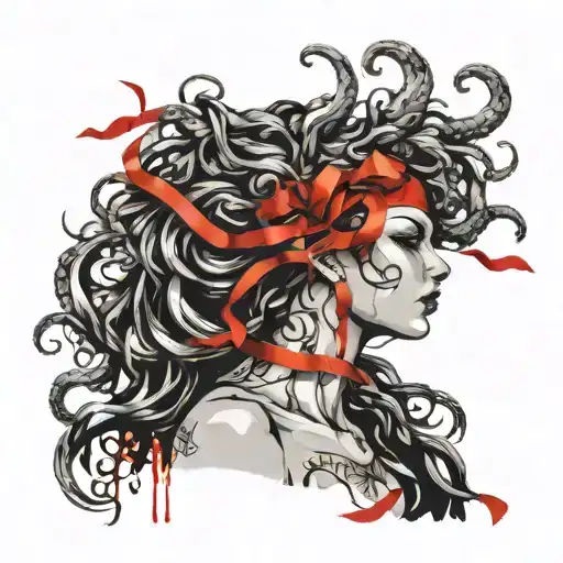 Medusa Gorgon With A Red Ribbon On Her Eyes