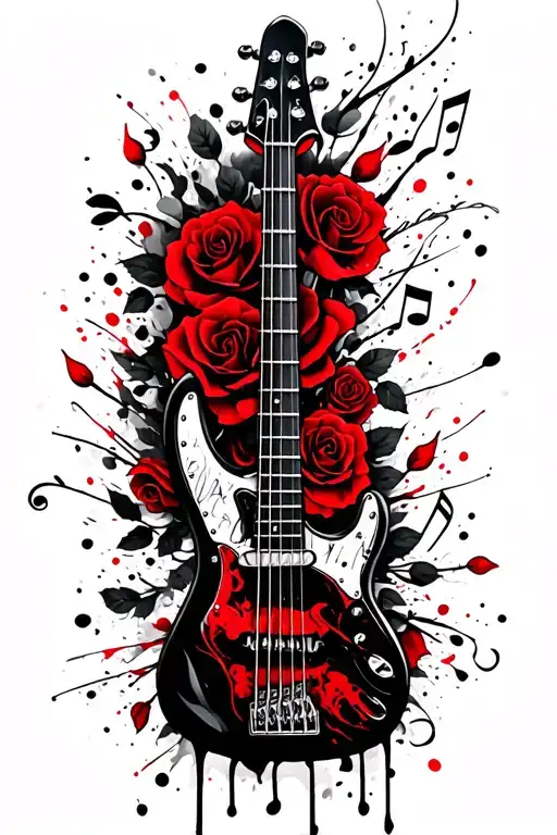 4 String Bass Guitar Surrounded By Musical Notes Flowing And Red Roses