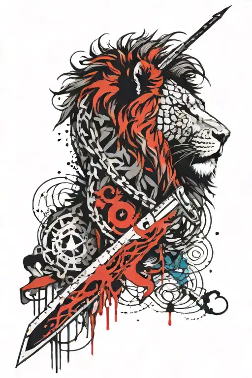 A Knife With A Lion Pattern Around The Head Of Which Is Tightly Tied With Barbed Wire