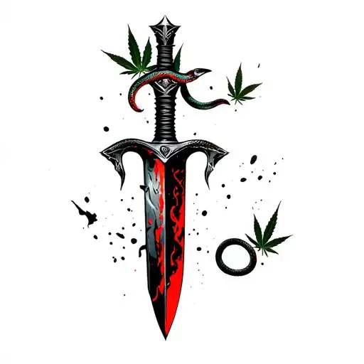 A Dagger With A Snake Writhing In The Background Of Marijuana Leaves